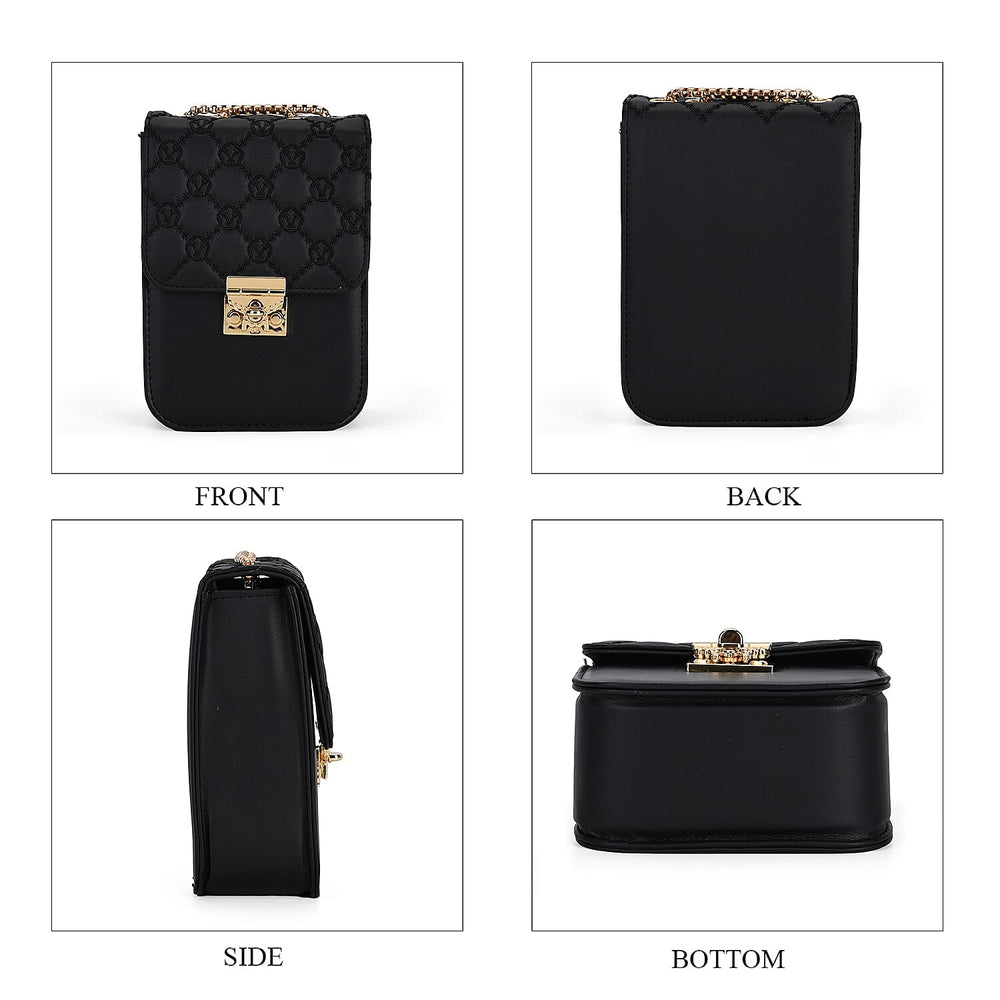 Elegant Monogram Quilted Phone Bag with Matching Clutch Card Holder - Black