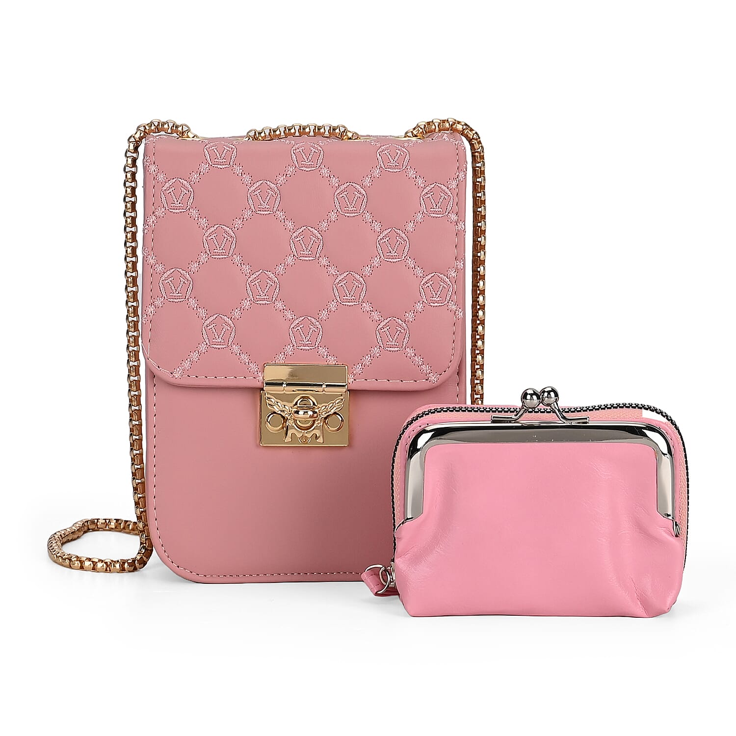 Elegant Monogram Quilted Phone Bag with Matching Clutch Card Holder - Dusty Pink
