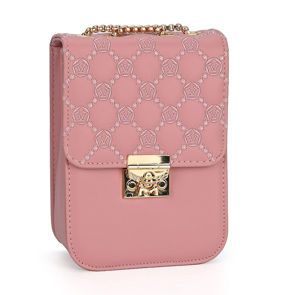 Elegant Monogram Quilted Phone Bag with Matching Clutch Card Holder - Dusty Pink