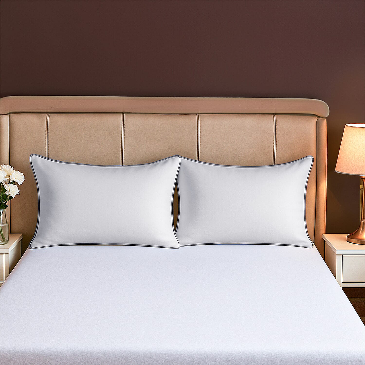 Set of 2 - Down Alternative Pillow Cover with Silver Piping and Zipper Closure (Size 50x70cm)