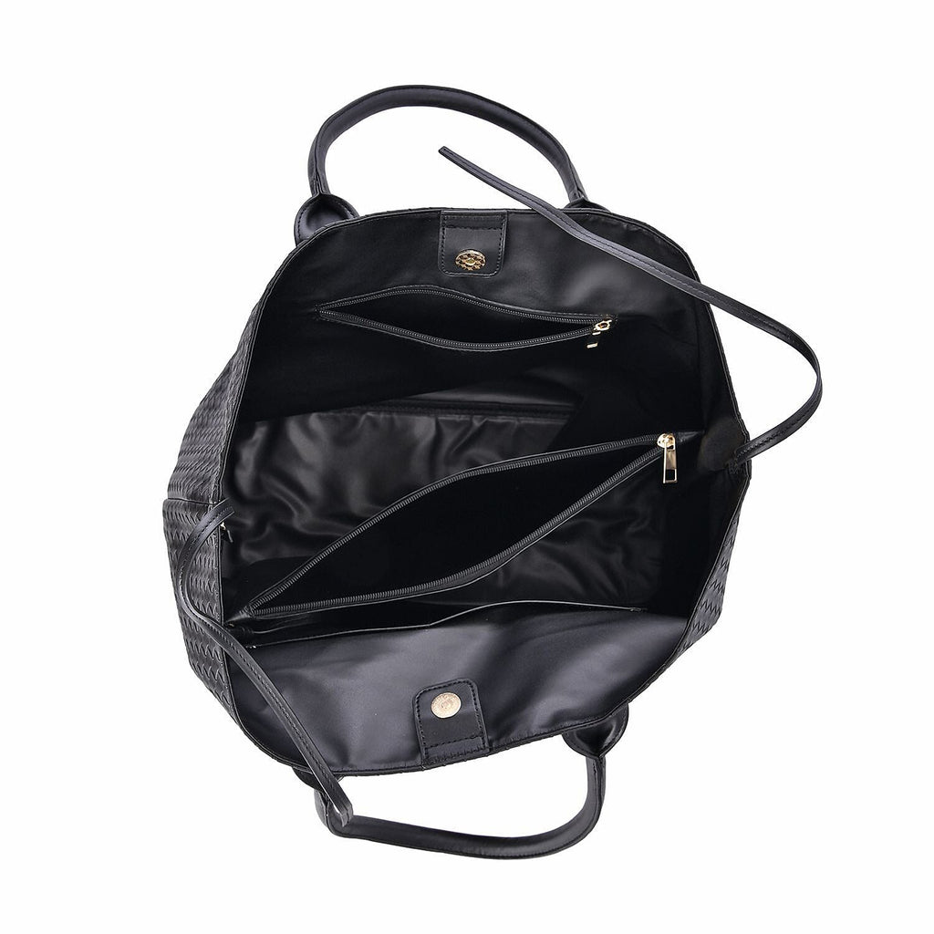 Designer Inspired Embossed Weave Tote Bag & Detachable Pouch - Black