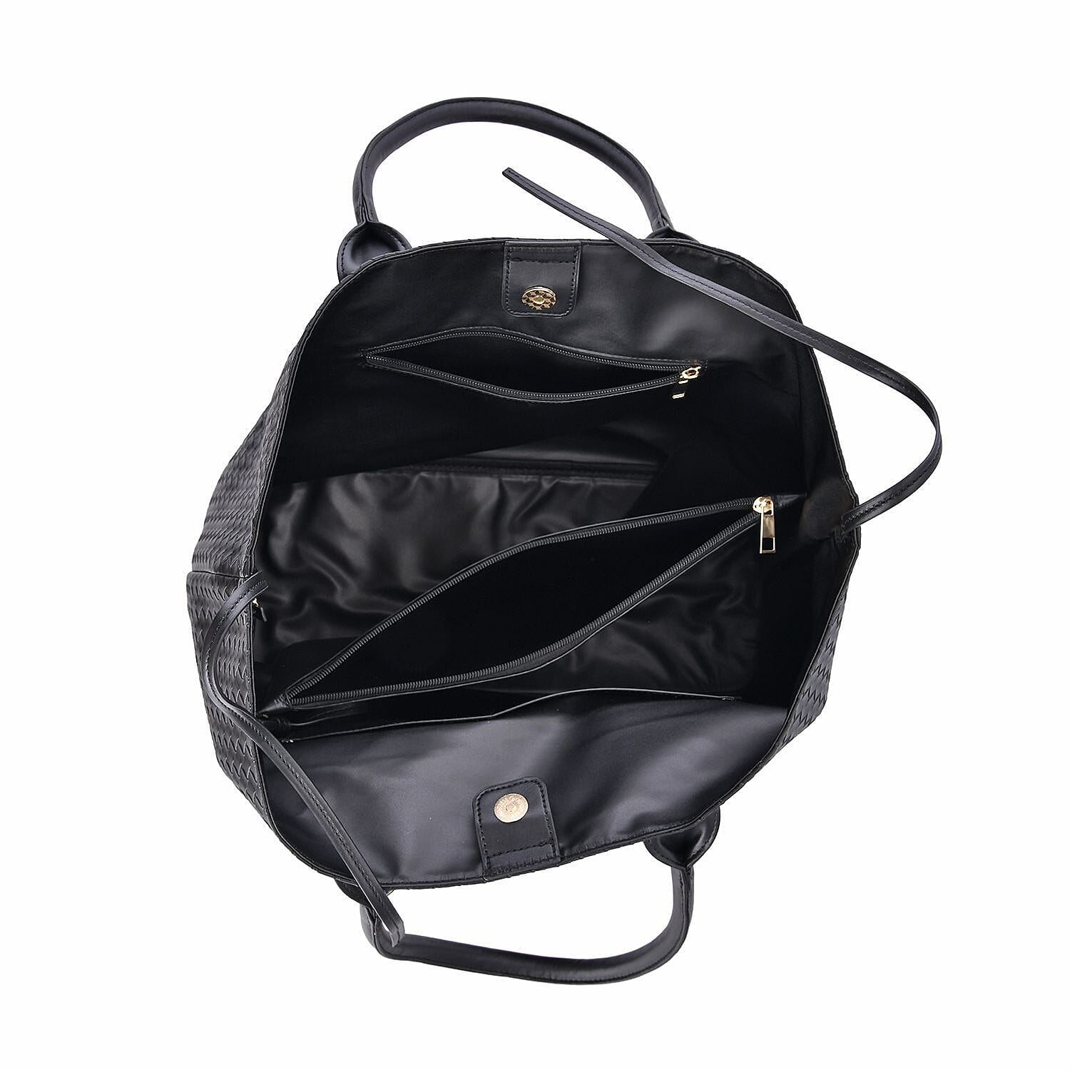 Designer Inspired Embossed Weave Tote Bag & Detachable Pouch - Black