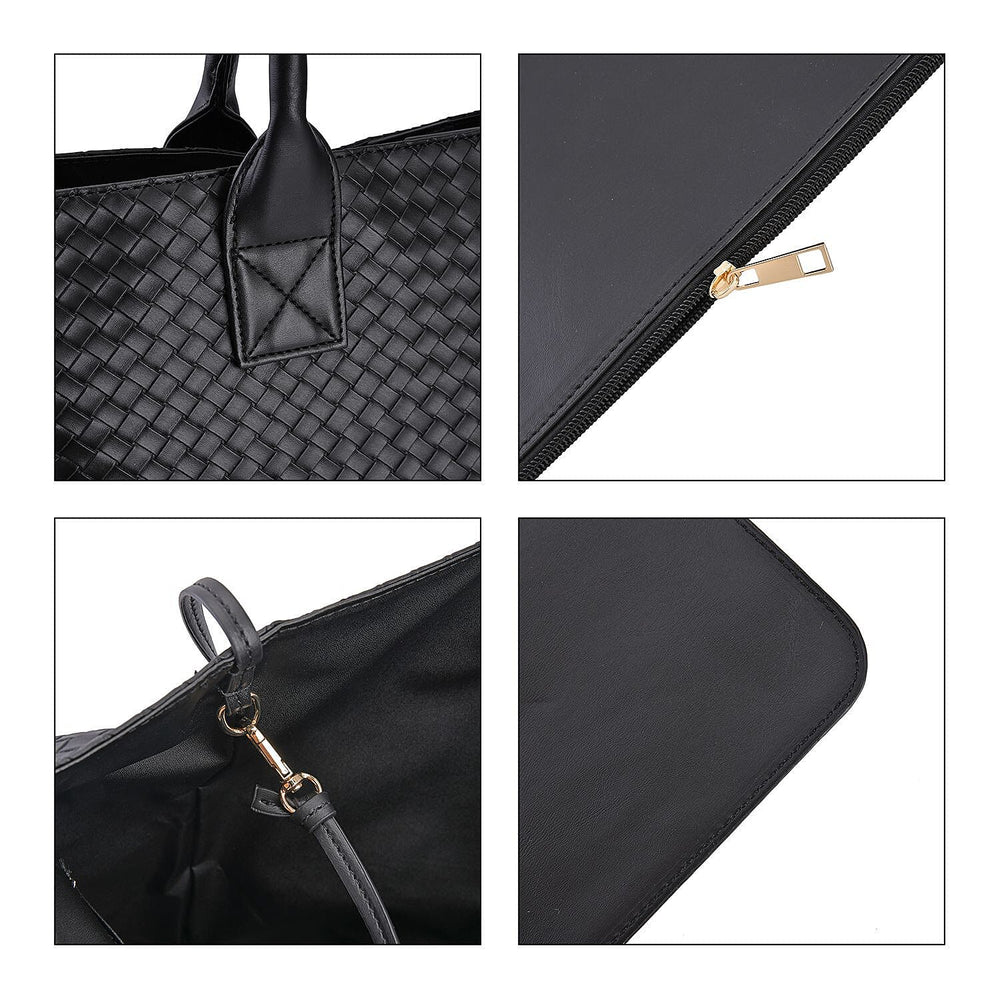 Designer Inspired Embossed Weave Tote Bag & Detachable Pouch - Black