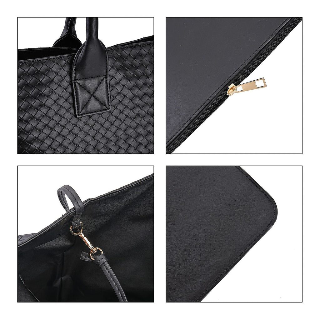 Designer Inspired Embossed Weave Tote Bag & Detachable Pouch - Black