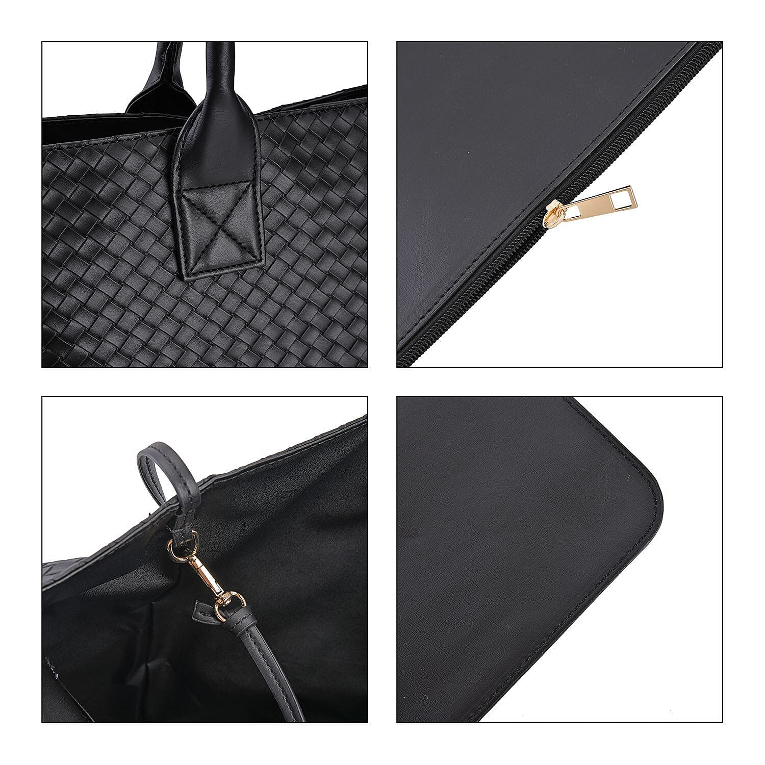 Designer Inspired Embossed Weave Tote Bag & Detachable Pouch - Black
