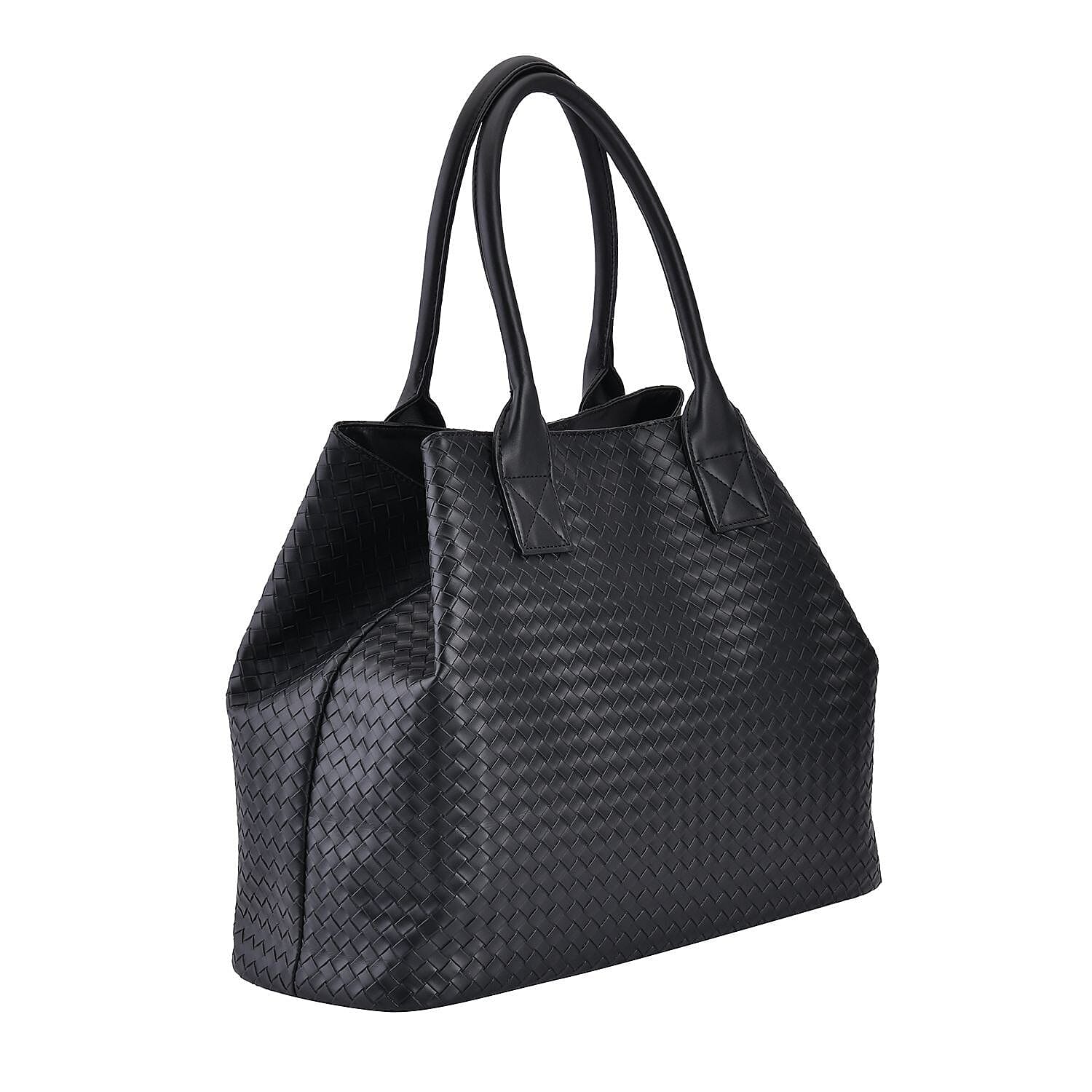 Designer Inspired Embossed Weave Tote Bag & Detachable Pouch - Black