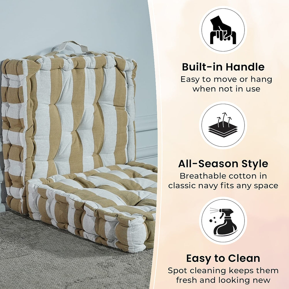 Set of 2- Hush Heven 100% Cotton Hand Tucked Floor Cushion (40x40x8cm) - Brown & White
