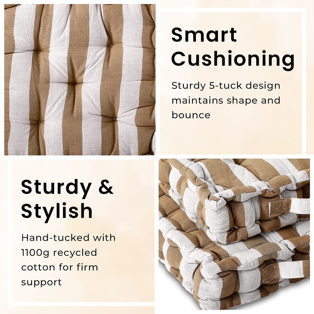 Set of 2- Hush Heven 100% Cotton Hand Tucked Floor Cushion (40x40x8cm) - Brown & White