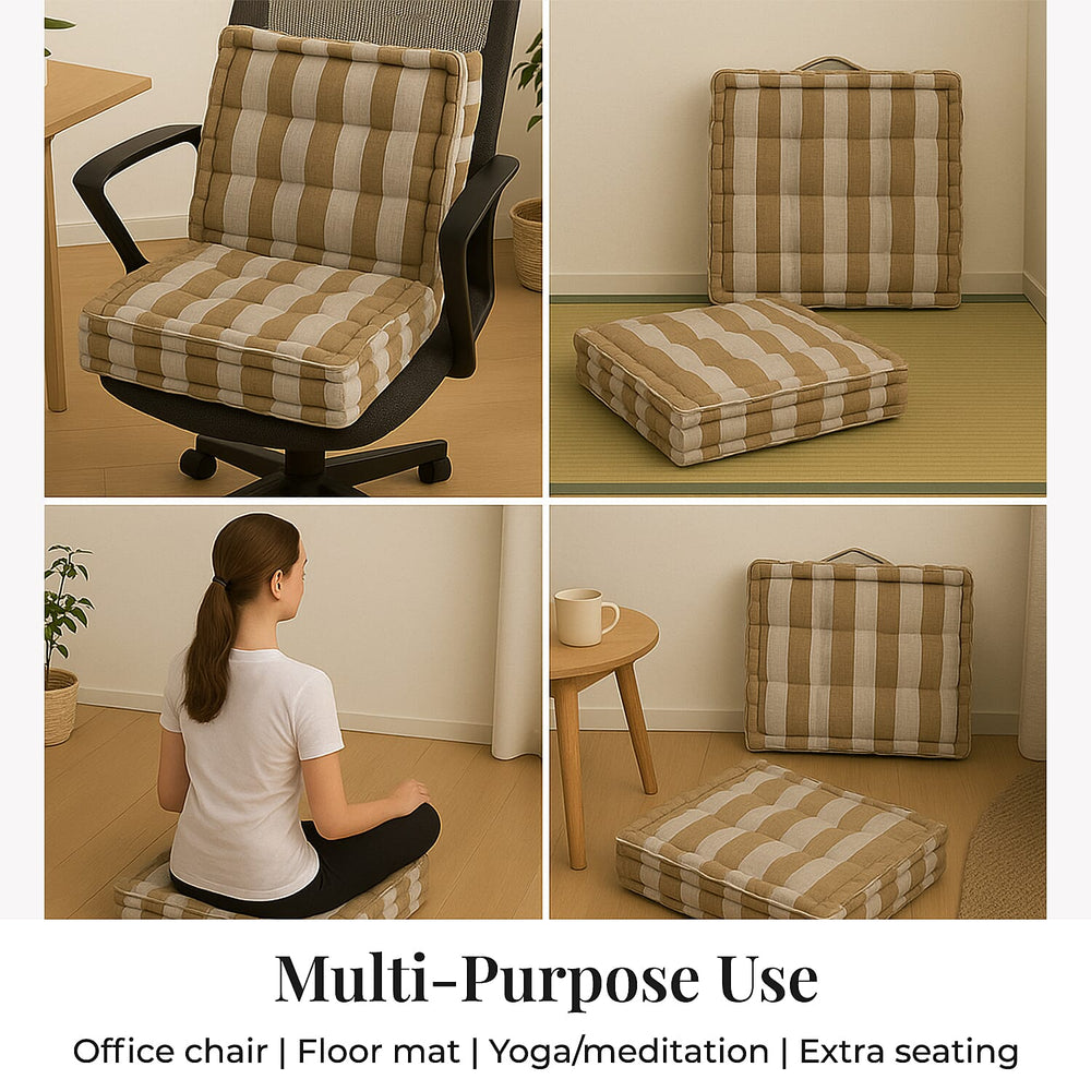 Set of 2- Hush Heven 100% Cotton Hand Tucked Floor Cushion (40x40x8cm) - Brown & White