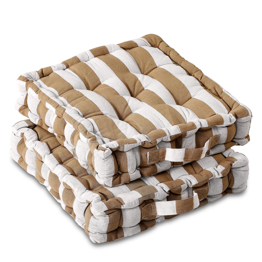 Set of 2- Hush Heven 100% Cotton Hand Tucked Floor Cushion (40x40x8cm) - Brown & White
