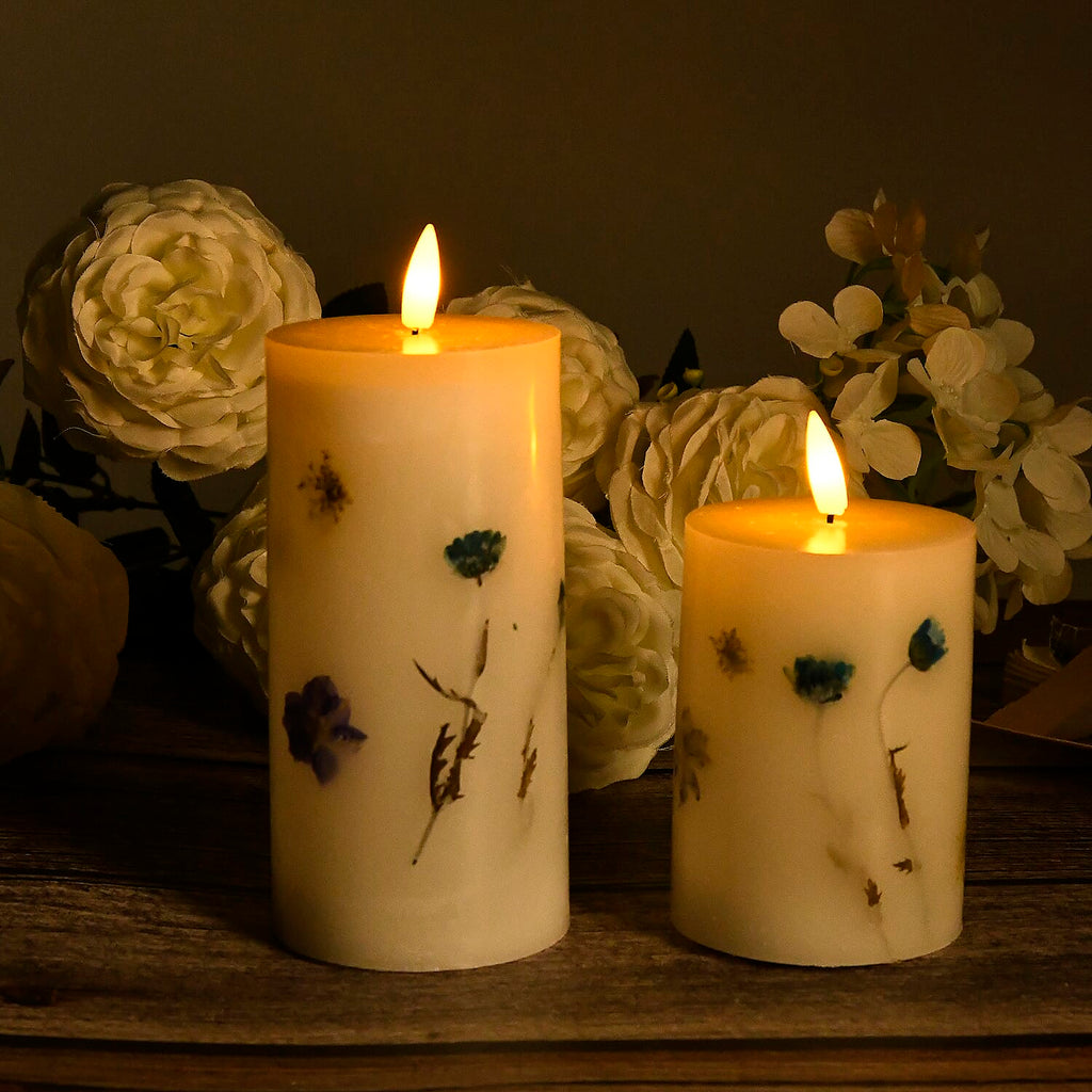 Set of 2 LED Wax Candle Lights Embedded with Dry Flower (2AA Battery not inc.) - Blue