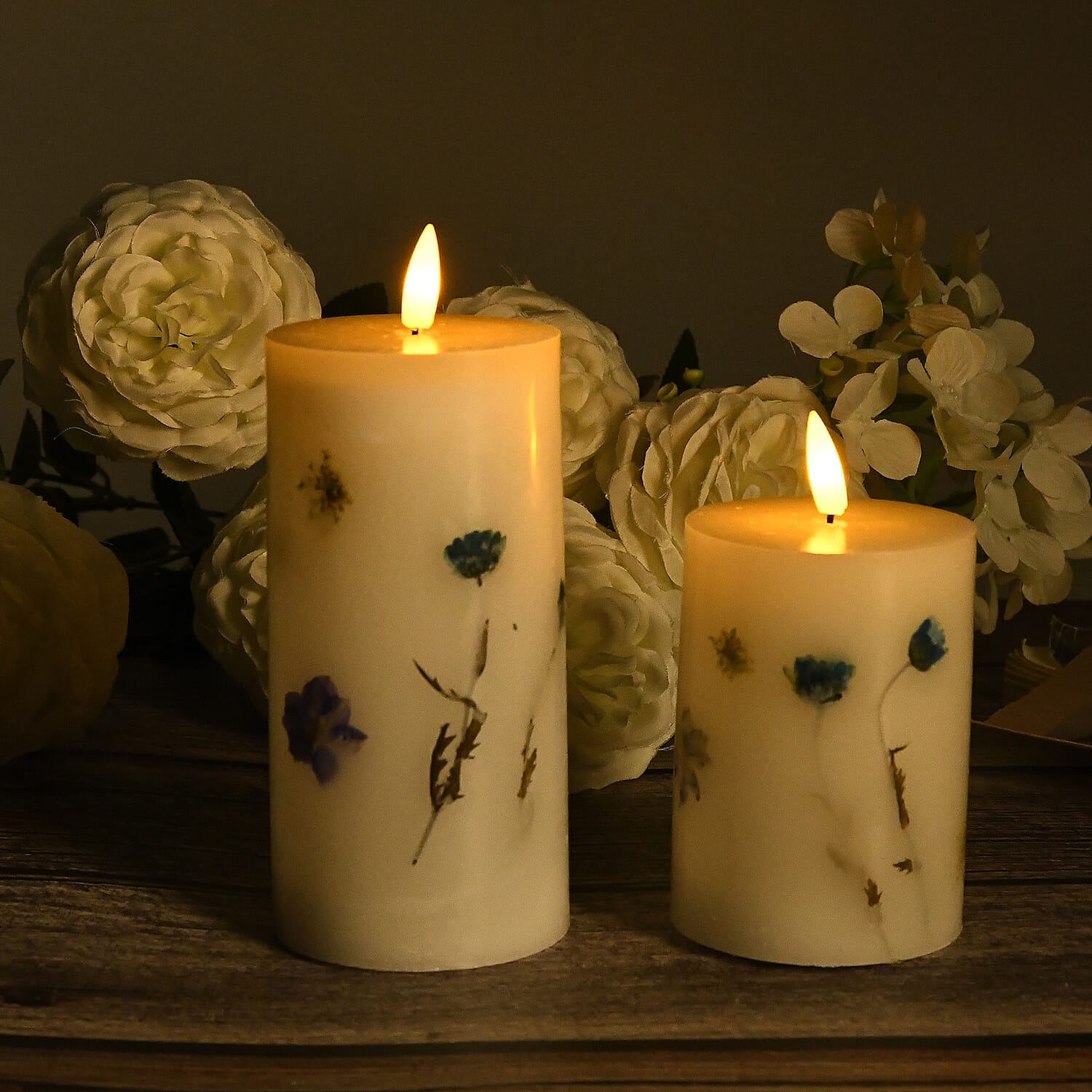 Set of 2 LED Wax Candle Lights Embedded with Dry Flower (2AA Battery not inc.) - Blue