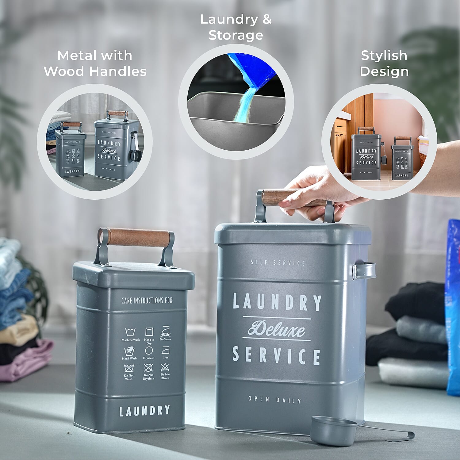 Set of 2 Laundry Basket with Scoop - Grey