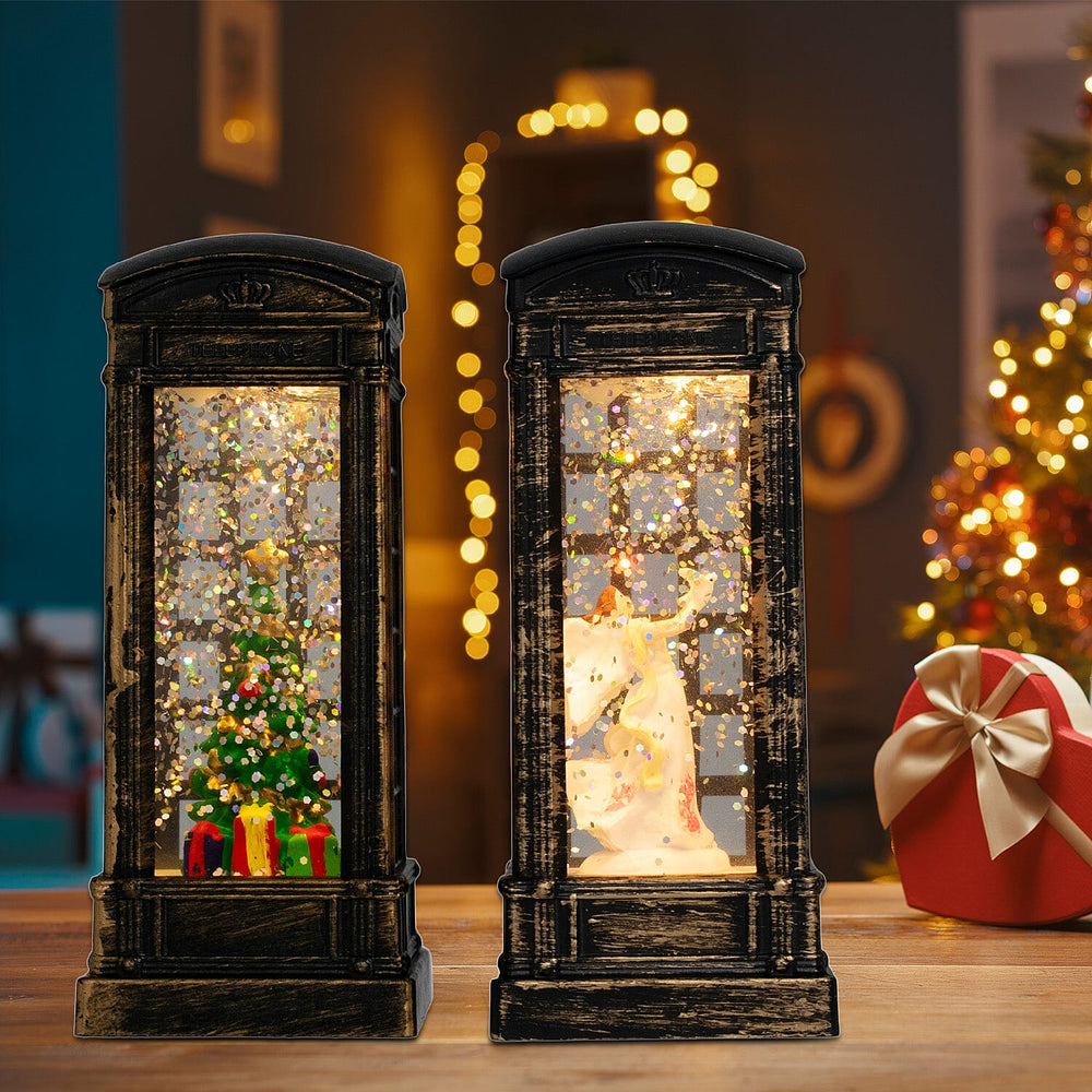 Set of 2 Light Up Telephone Box Christmas Decoration (Angel & Tree) - Multi
