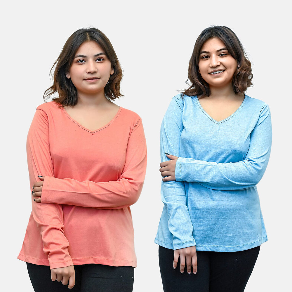 TAMSY Set of 2 Long Sleeves V Neck T-Shirt (Size M) - Coral - Z Chambray Blue