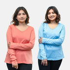 TAMSY Set of 2 Long Sleeves V Neck T-Shirt (Size M) - Coral - Z Chambray Blue
