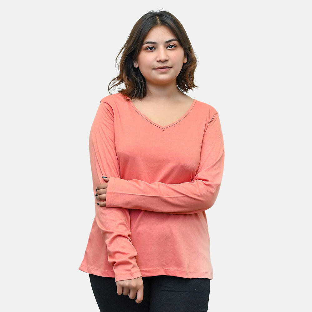 TAMSY Set of 2 Long Sleeves V Neck T-Shirt (Size M) - Coral - Z Chambray Blue