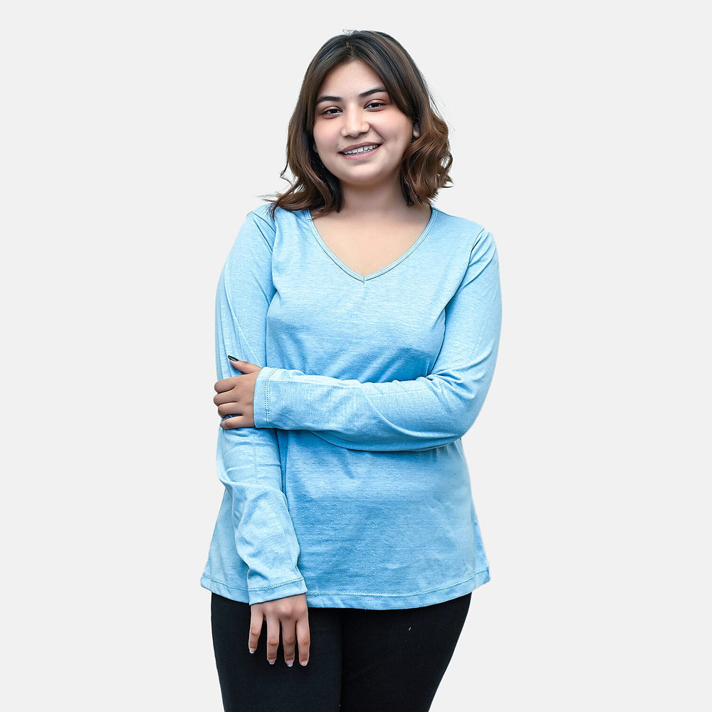 TAMSY Set of 2 Long Sleeves V Neck T-Shirt (Size M) - Coral - Z Chambray Blue