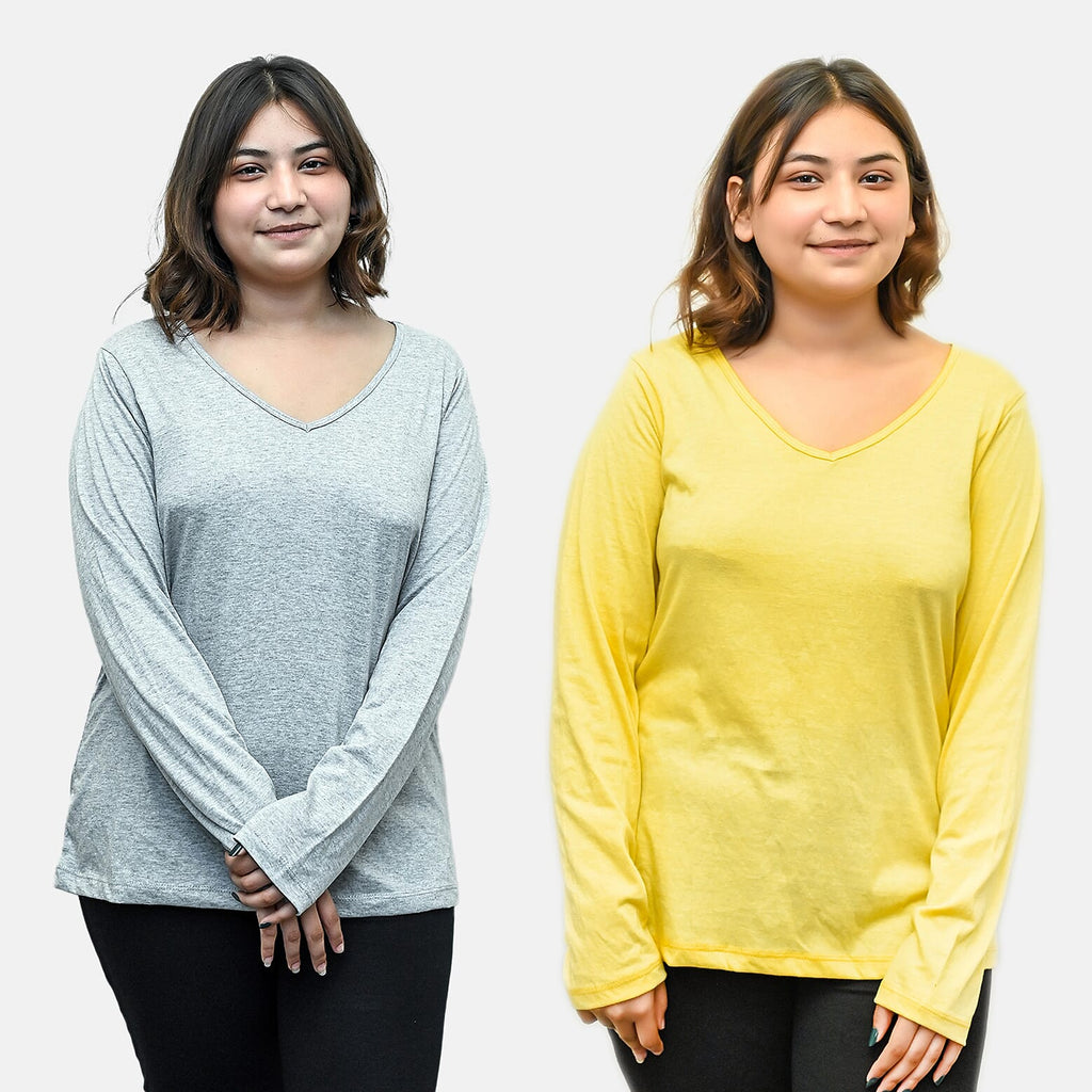 TAMSY Set of 2 Long Sleeves V Neck T-Shirt (Size M) - Grey - Lemon