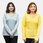 TAMSY Set of 2 Long Sleeves V Neck T-Shirt (Size XXL) - Grey - Lemon