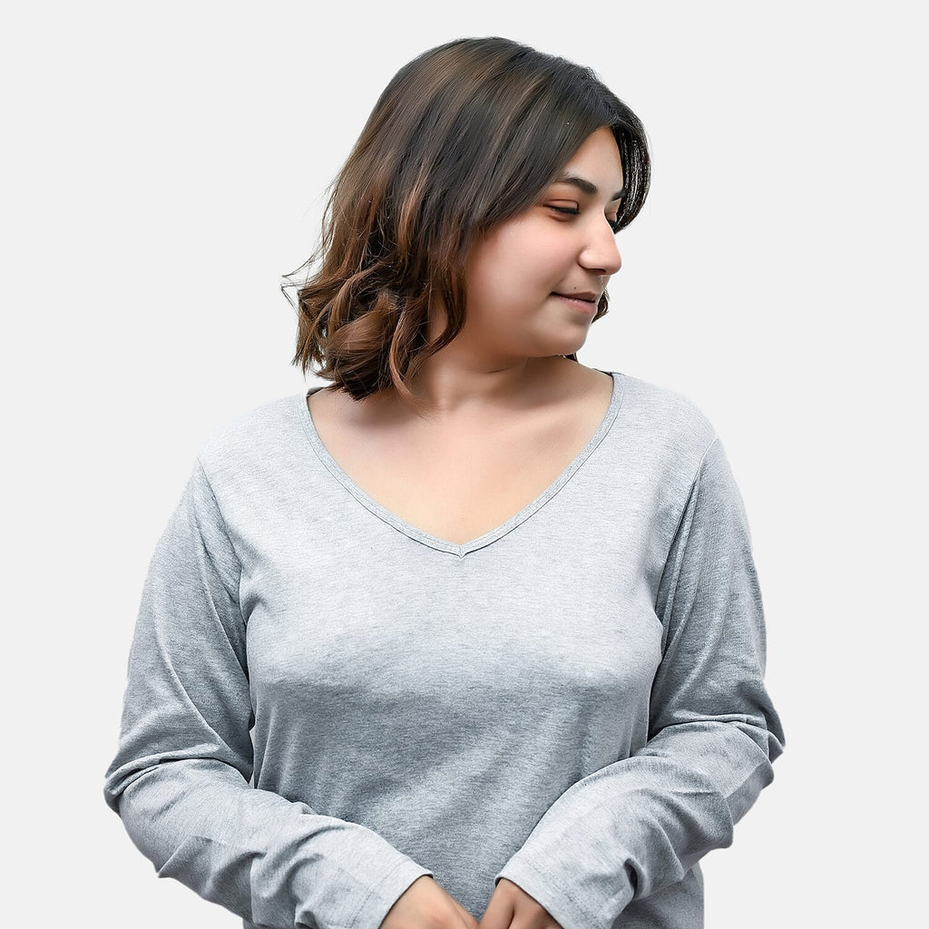 TAMSY Set of 2 Long Sleeves V Neck T-Shirt (Size XXL) - Grey - Lemon