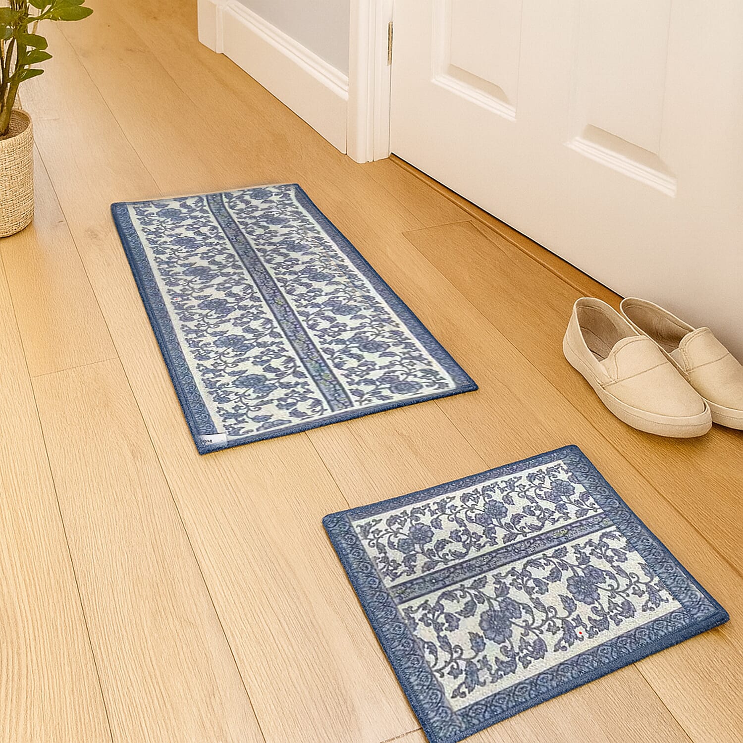 Set of 2 Machine Washable Door Mat (65cm x 45cm) & Runner (120cm x 45cm) With Anti Slip Base - Blue