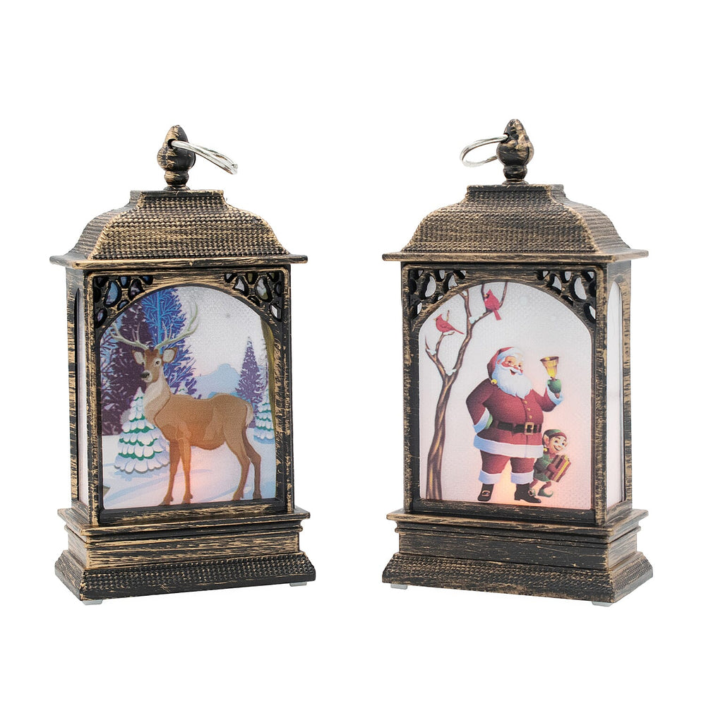 Set of 2 Mini Lantern Decorations with Reindeer - Santa Designs - Brown