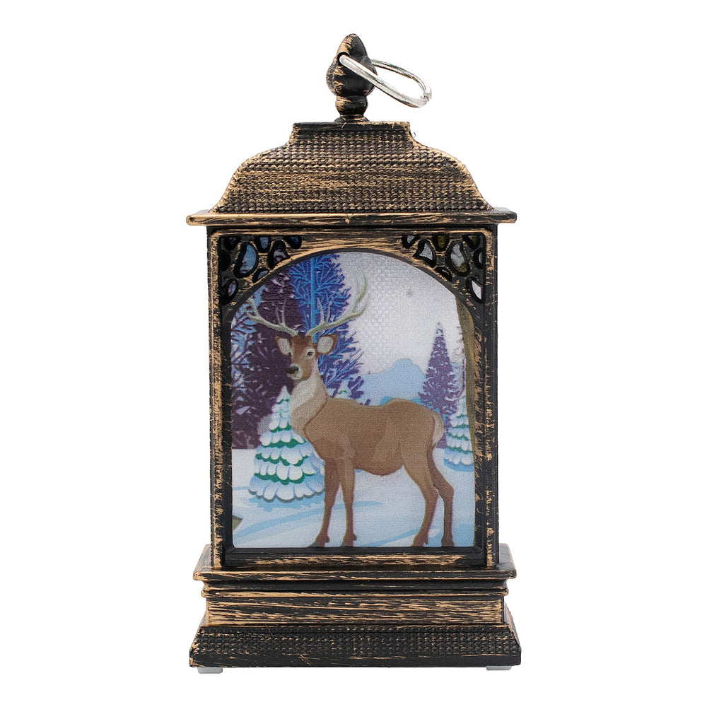 Set of 2 Mini Lantern Decorations with Reindeer - Santa Designs - Brown