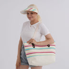 Set of 2- Multi-Color Striped Tote Bag - Sun Hat (Visor) - Beach - Travel Ready