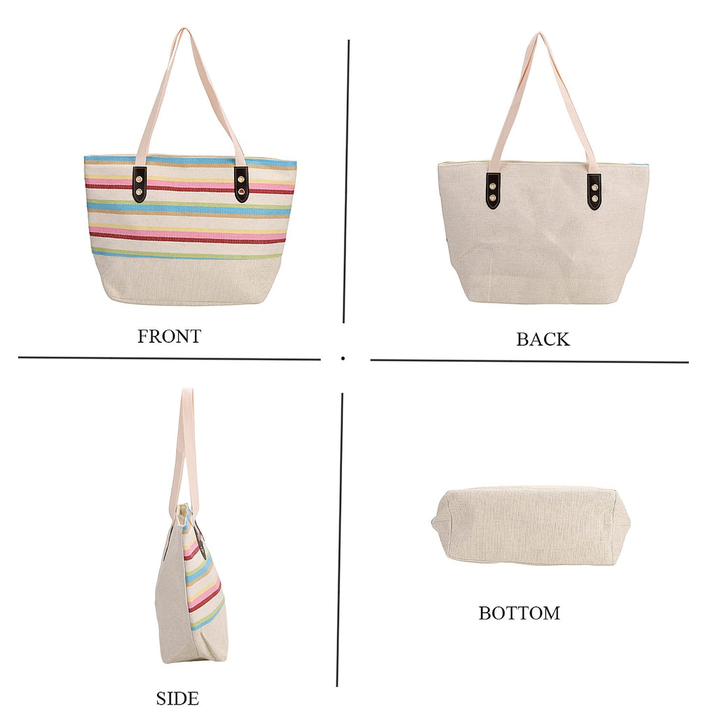 Set of 2- Multi-Color Striped Tote Bag - Sun Hat (Visor) - Beach - Travel Ready