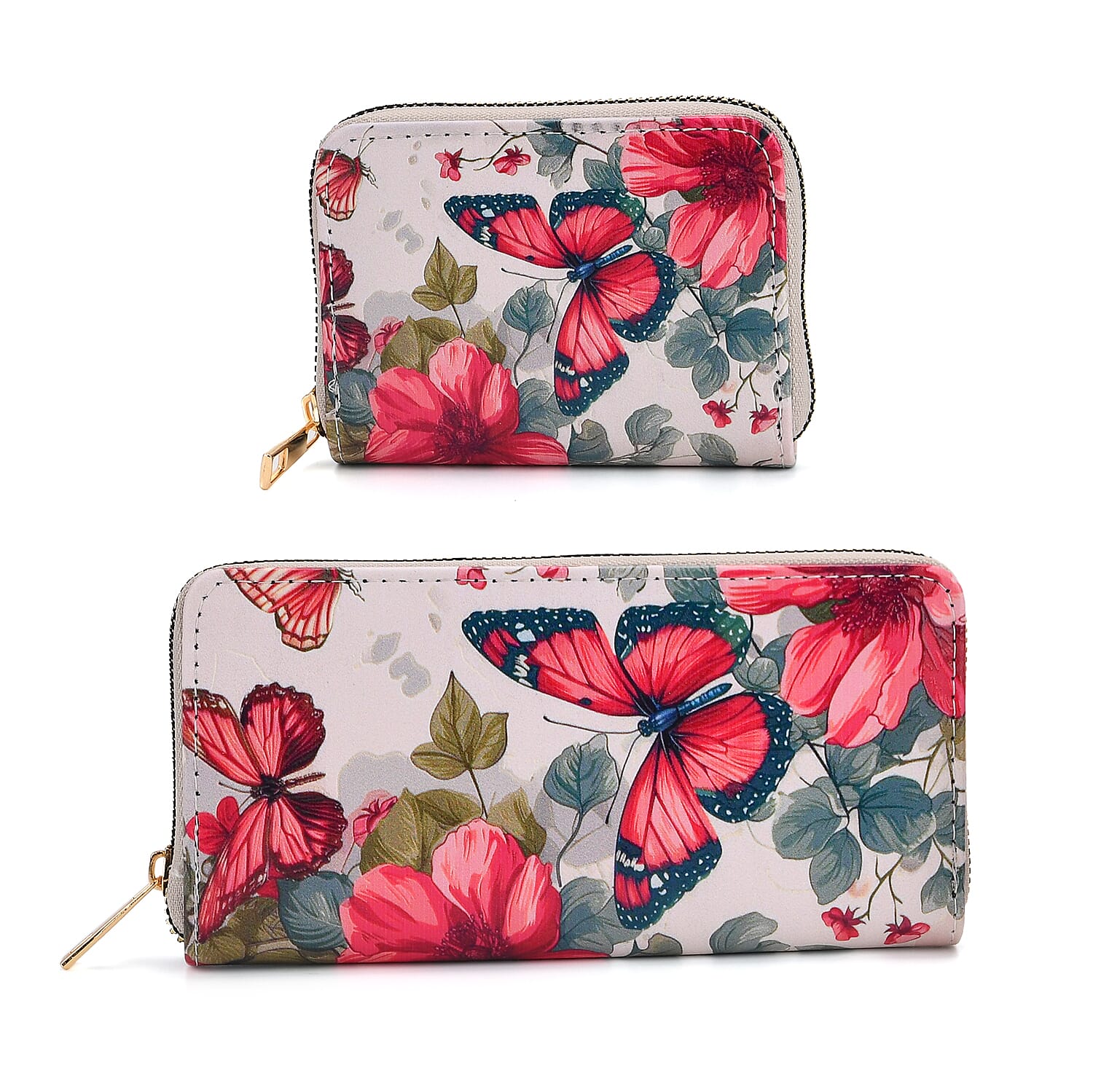 Set of 2- Pink Butterfly Print Zip-Around Wallet & Clutch - White