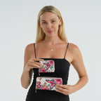 Set of 2- Pink Butterfly Print Zip-Around Wallet & Clutch - White