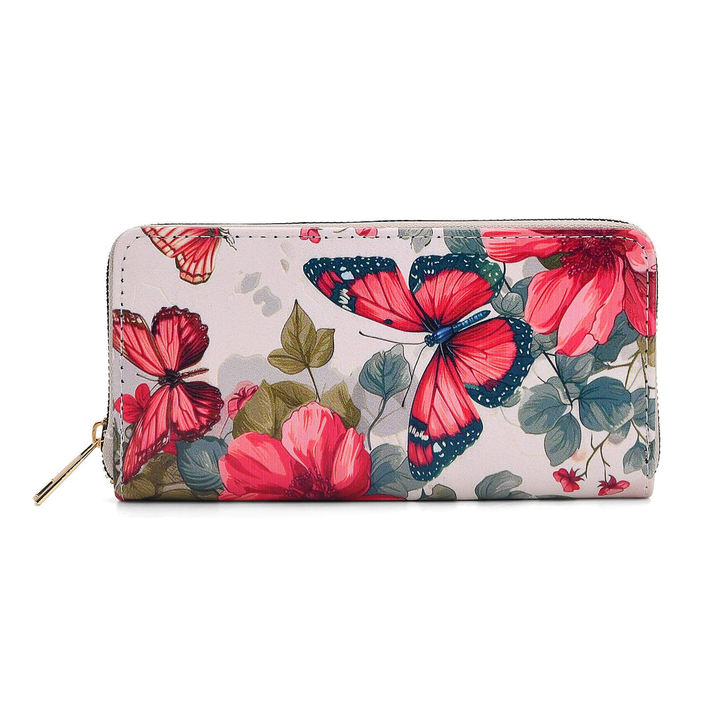 Set of 2- Pink Butterfly Print Zip-Around Wallet & Clutch - White