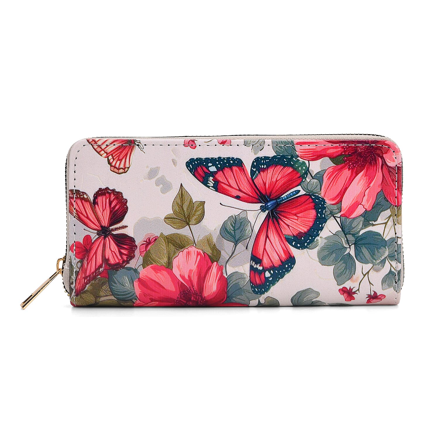 Set of 2- Pink Butterfly Print Zip-Around Wallet & Clutch - White