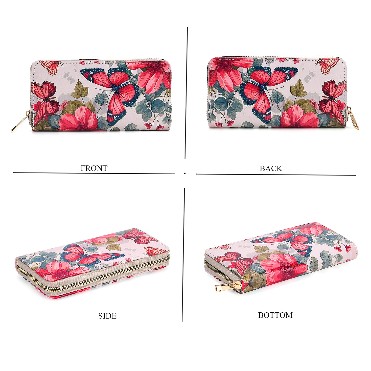 Set of 2- Pink Butterfly Print Zip-Around Wallet & Clutch - White