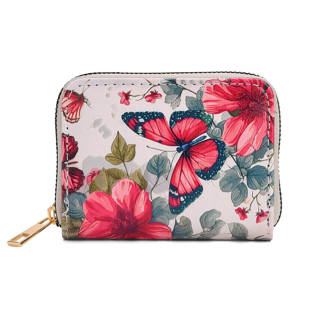 Set of 2- Pink Butterfly Print Zip-Around Wallet & Clutch - White