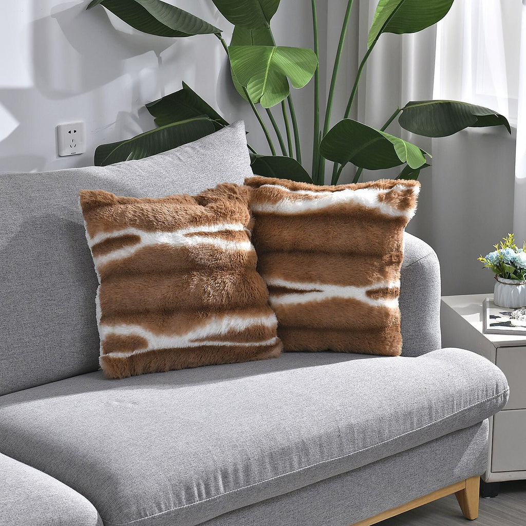 Set of 2 Super Soft Faux Chinchilla Fur Sherpa Lined Cushion Covers (Size 40x40cm) - Brown