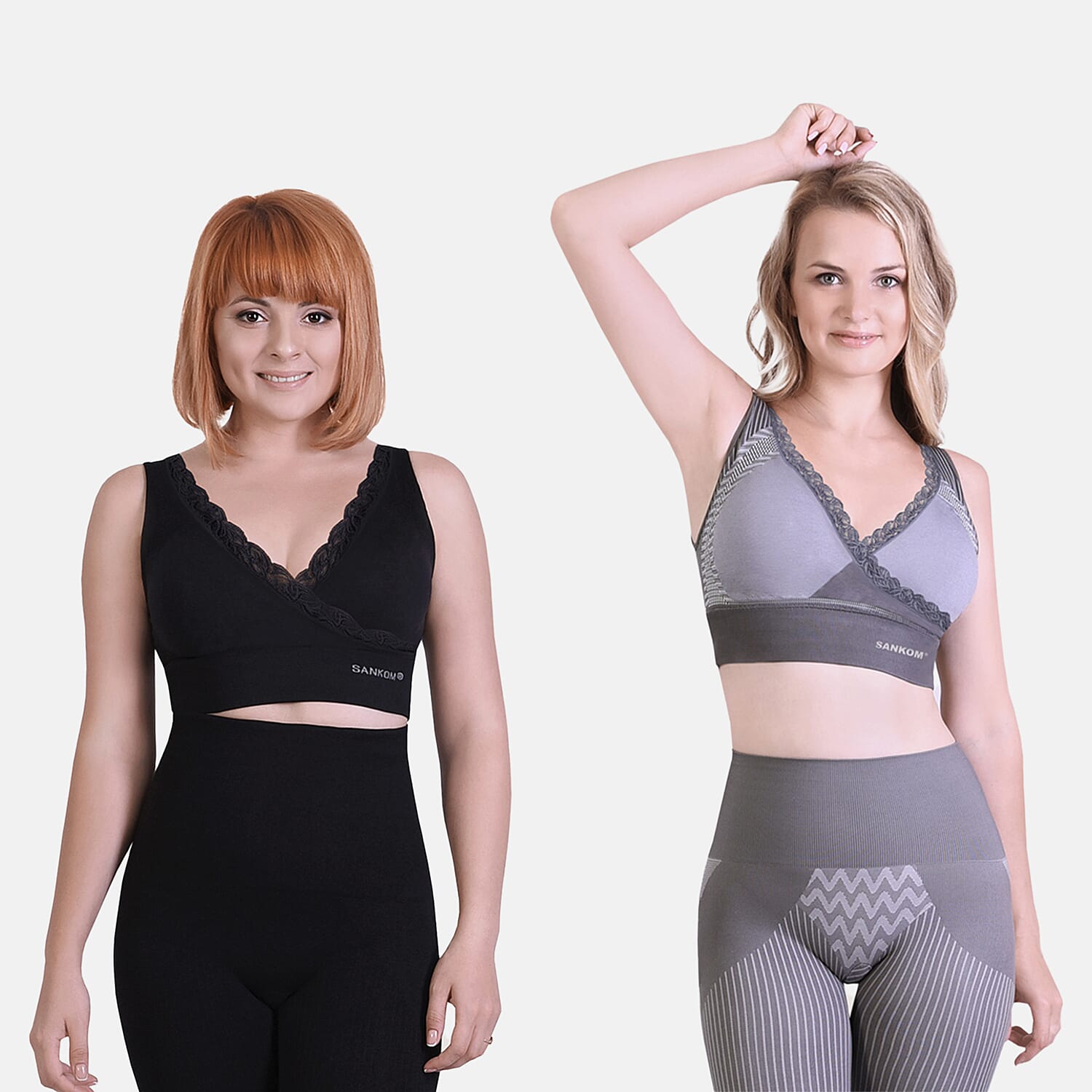 Set of 2 - SANKOM Patent Premium Bra With Lace (Size 8) - Grey (Bamboo Infused) & Black (Aloe Vera Infused)