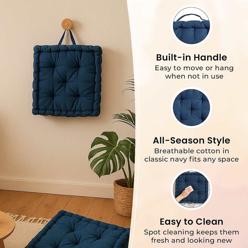 Set of 2 - 100% Cotton Floor Cushion with Cotton Filling Recycled Fiber (40x40x8cm) - Navy
