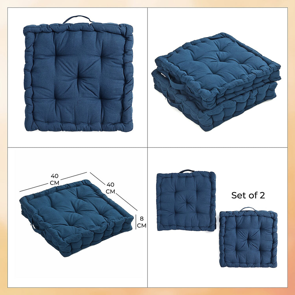 Set of 2 - 100% Cotton Floor Cushion with Cotton Filling Recycled Fiber (40x40x8cm) - Navy