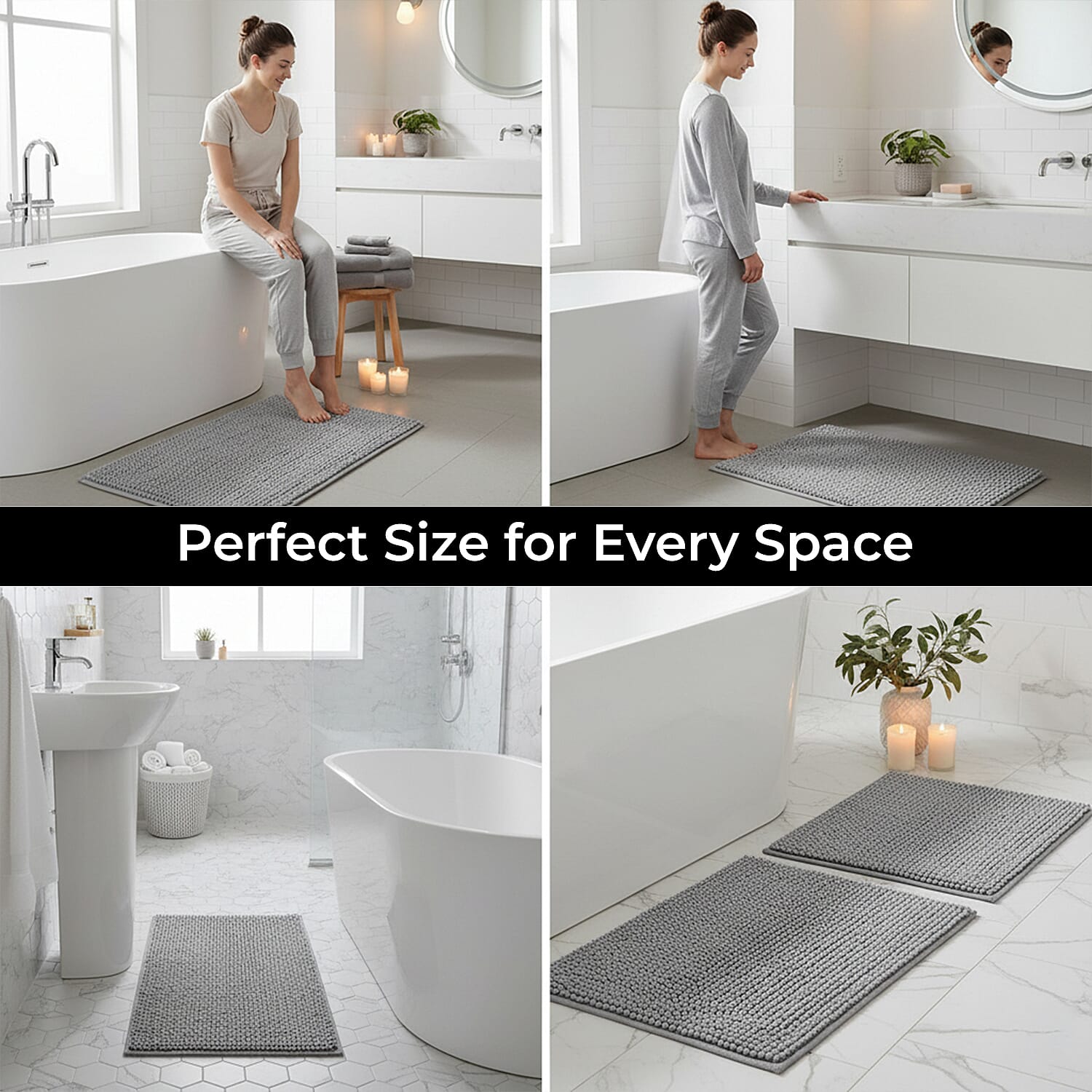 Set of 2 Super Soft Chenille Bath Mats (40 x 60 cm) - Silver