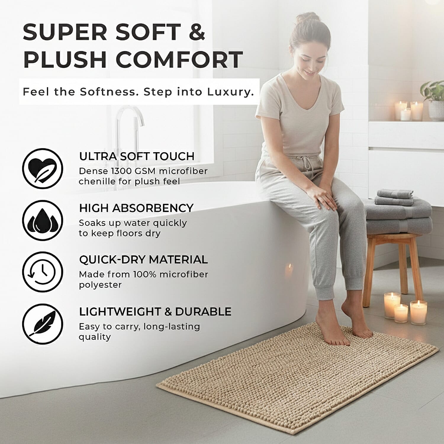 Set of 2 Super Soft Chenille Bath Mats (40 x 60 cm)
