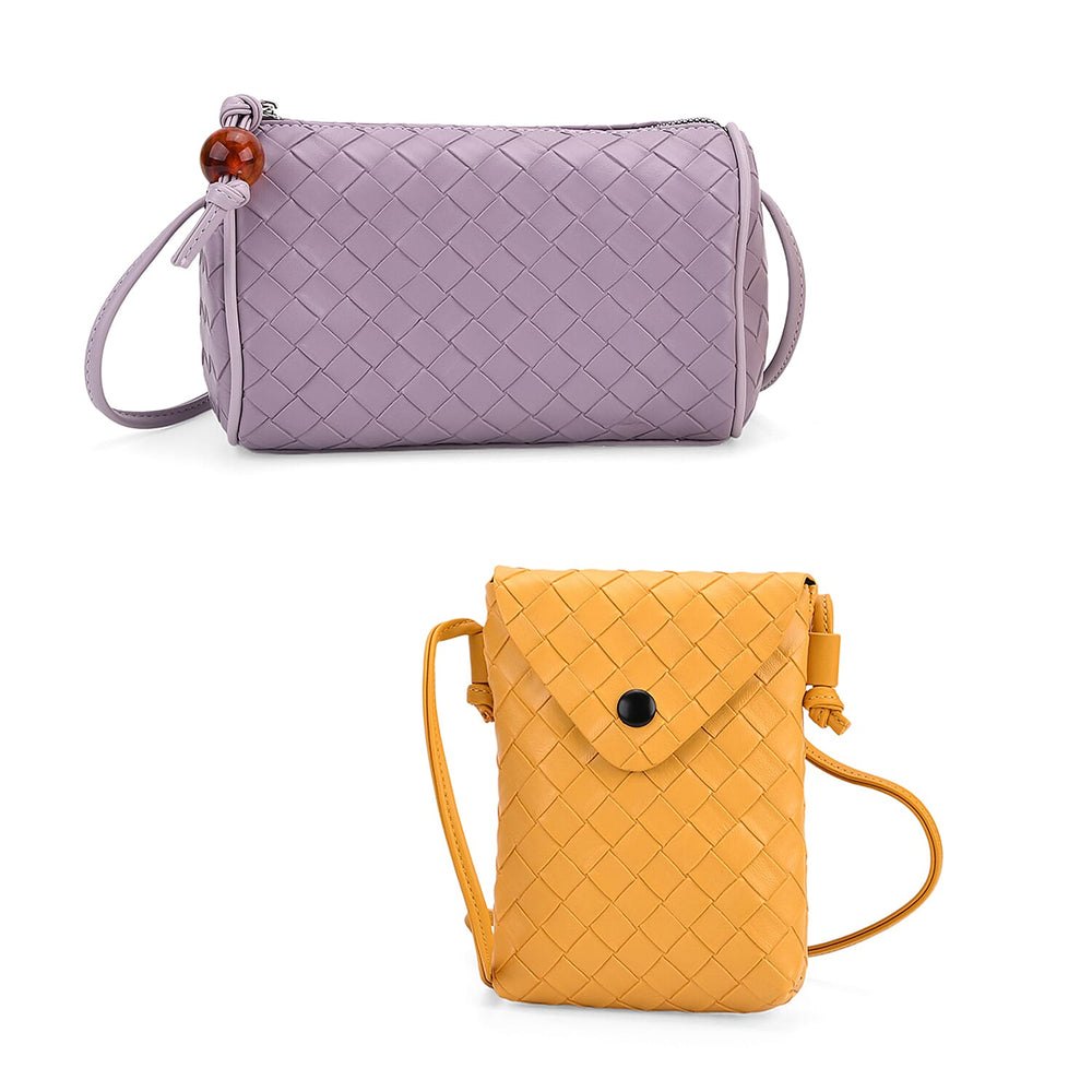 Set of 2 Woven Pattern Leatherette Crossbody Bags - Dark Purple - Yellow