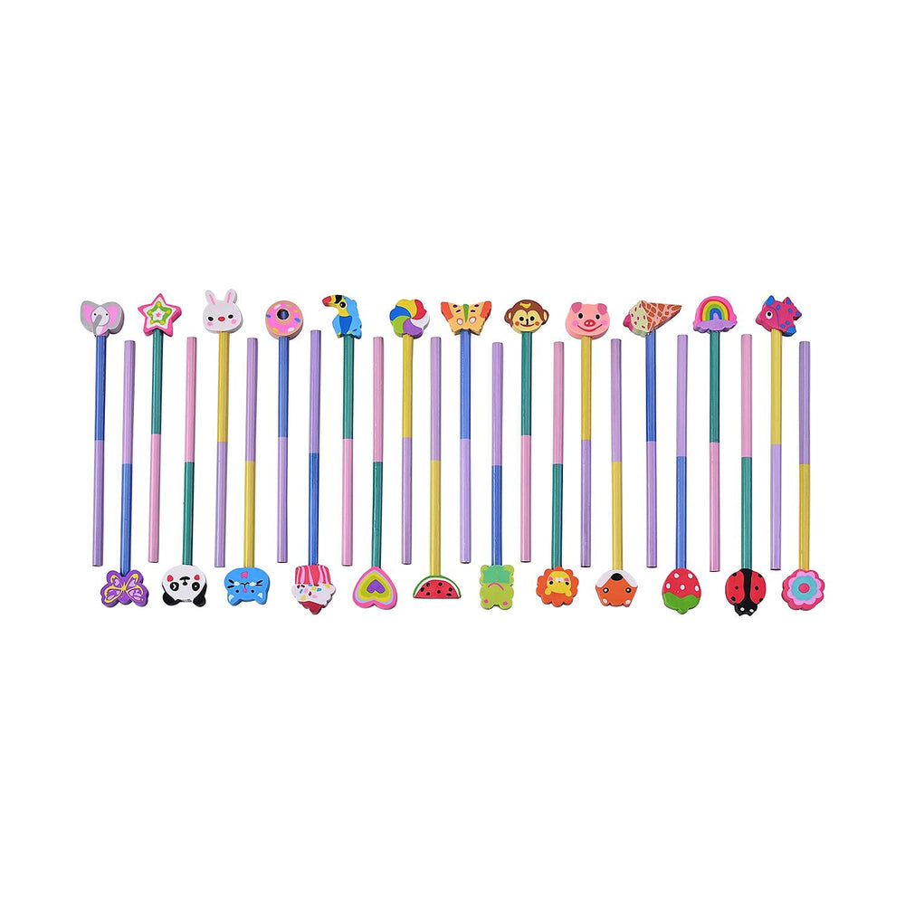 Set of 24 Colourful Pencils with Cartoon Erasers- Multi