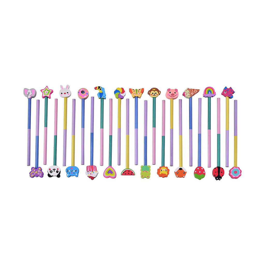 Set of 24 Colourful Pencils with Cartoon Erasers- Multi