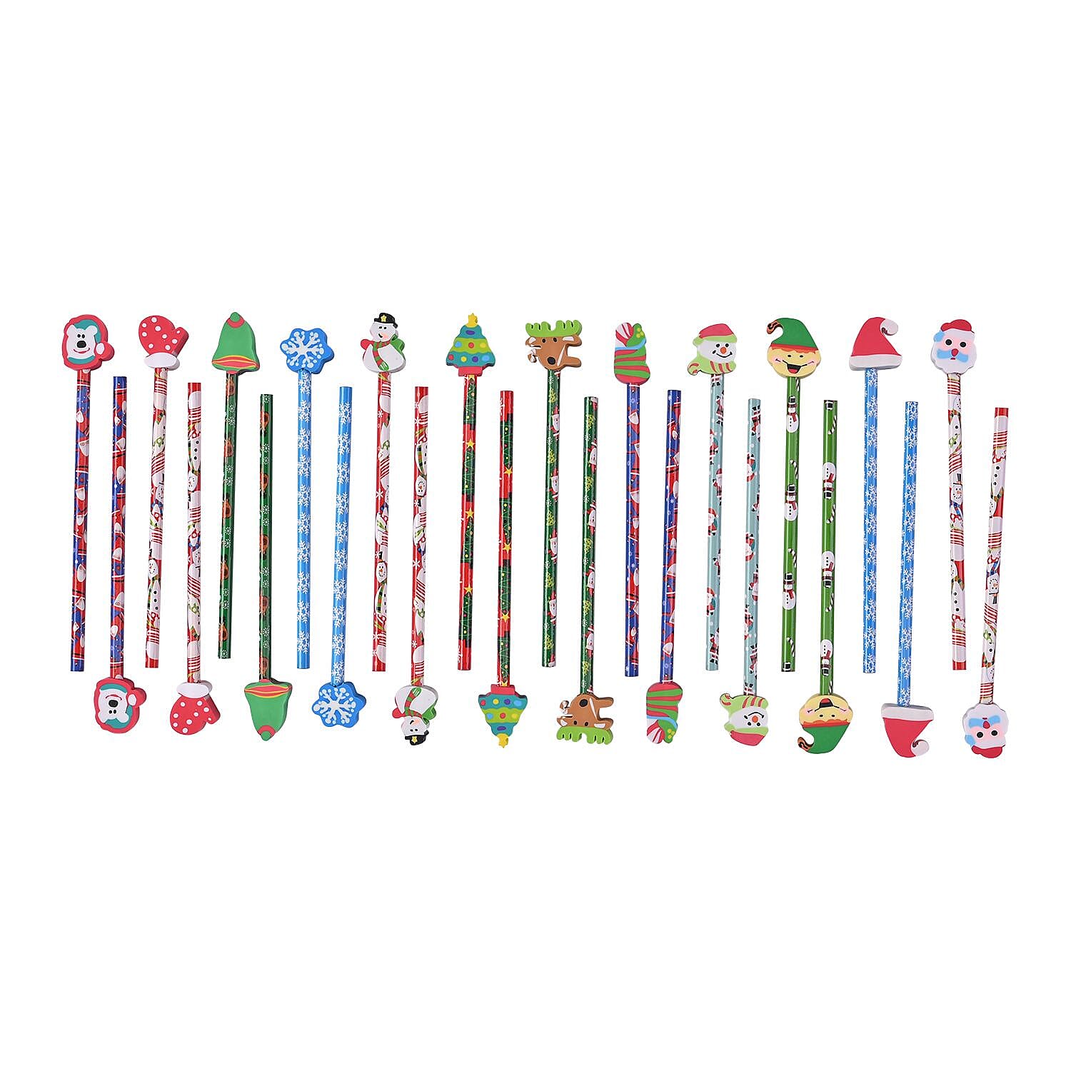 Set of 24 Colourful Pencils with Christmas Erasers- Multi