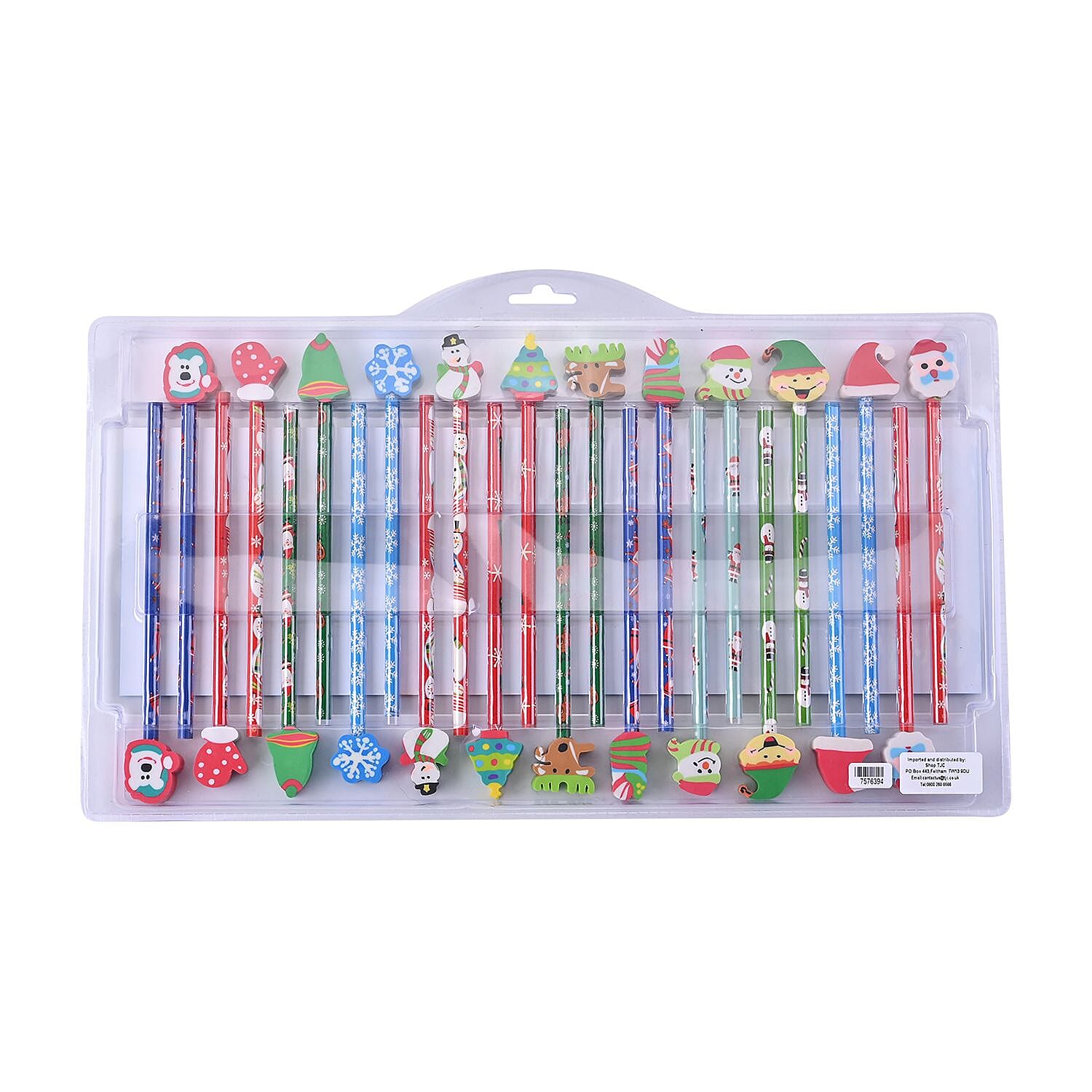 Set of 24 Colourful Pencils with Christmas Erasers- Multi