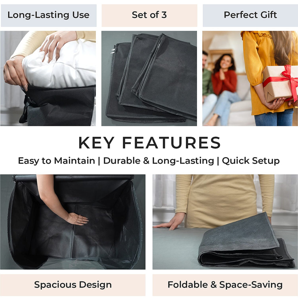 Set of 3 Collapsible Storage Bags with Transparent Window - Black