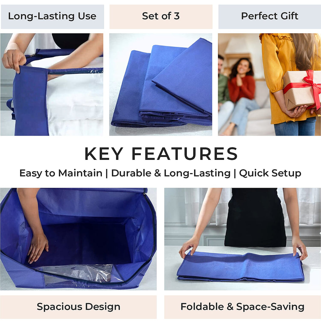 Set of 3 Collapsible Storage Bags with Transparent Window - Blue