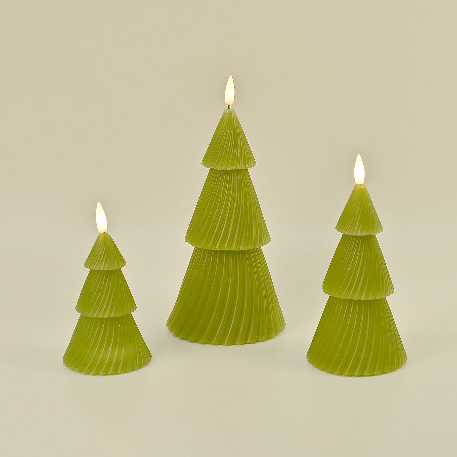 3 Flameless WAX Candle Trees - Coloured LED - Green 13.5cm (2 AAA Batteries)